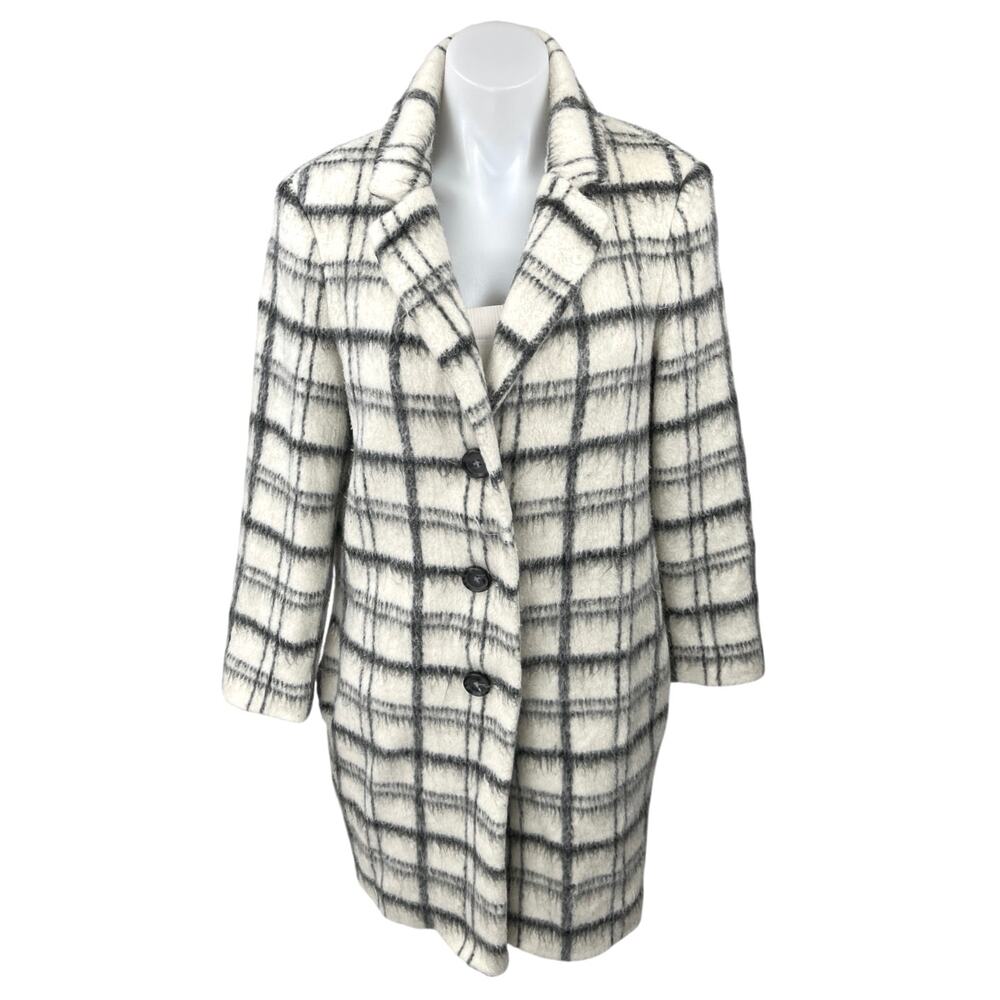 DKNY Women's Cream Black Wool Plaid Button Up Mid Length Trench Coat Jacket Sz 6